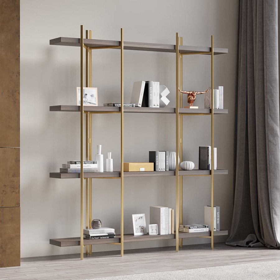 HMR - Modern 70.9" Standing Etagere Bookshelf with Open Storage in Walnut & Gold