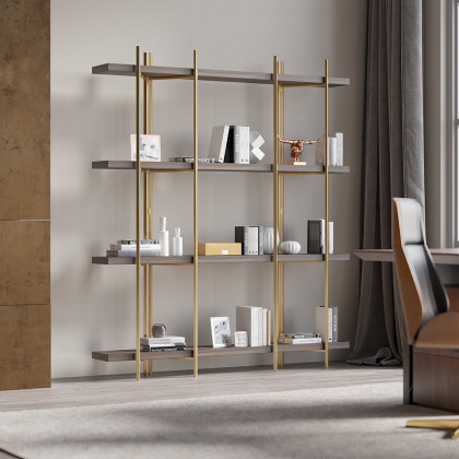 HMR - Modern 70.9" Standing Etagere Bookshelf with Open Storage in Walnut & Gold