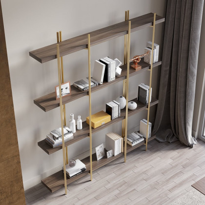 HMR - Modern 70.9" Standing Etagere Bookshelf with Open Storage in Walnut & Gold