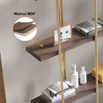 HMR - Modern 70.9" Standing Etagere Bookshelf with Open Storage in Walnut & Gold