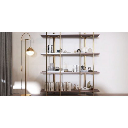 HMR - Modern 70.9" Standing Etagere Bookshelf with Open Storage in Walnut & Gold