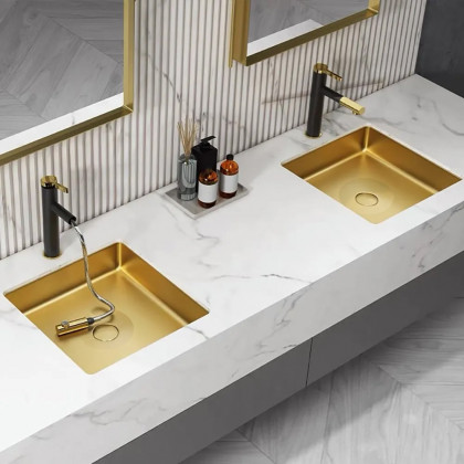 HMR Luxury Stainless Steel Rectangular Sink Undermount Bathroom Wash Sink - Gold