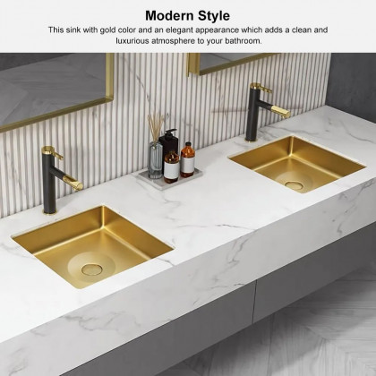 HMR Luxury Stainless Steel Rectangular Sink Undermount Bathroom Wash Sink - Gold