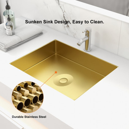 HMR Luxury Stainless Steel Rectangular Sink Undermount Bathroom Wash Sink - Gold
