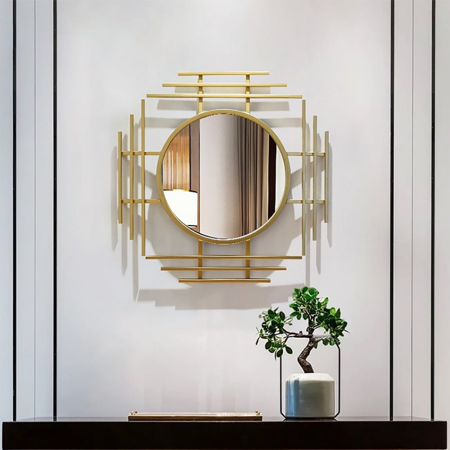 HMR - 28" Luxury 3D Geometric Gold Metal Wall Mirror Overlapping Home Decor for Entryway