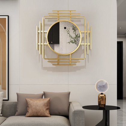 HMR - 28" Luxury 3D Geometric Gold Metal Wall Mirror Overlapping Home Decor for Entryway