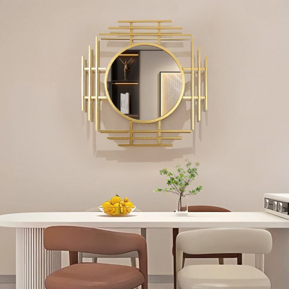 HMR - 28" Luxury 3D Geometric Gold Metal Wall Mirror Overlapping Home Decor for Entryway