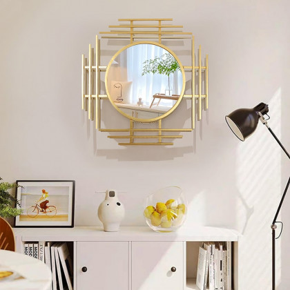 HMR - 28" Luxury 3D Geometric Gold Metal Wall Mirror Overlapping Home Decor for Entryway