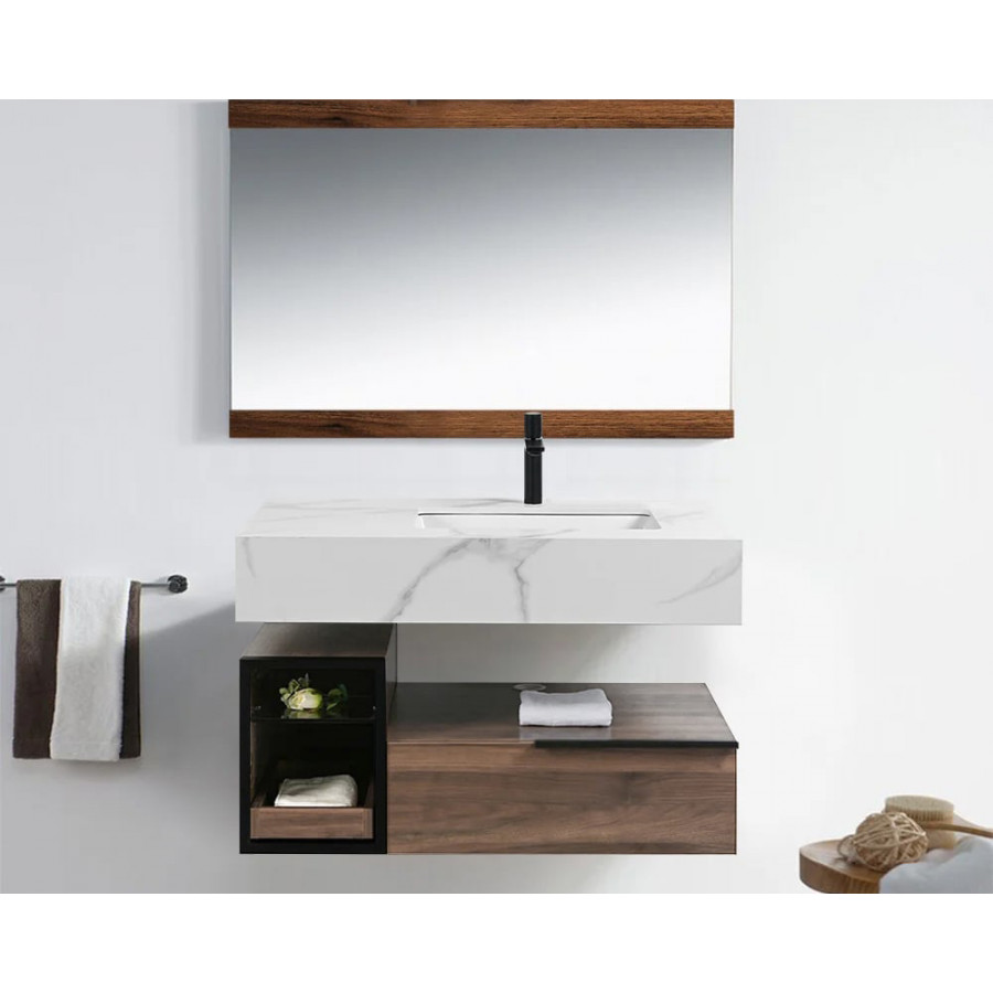 HMR Wall-Mounted Bathroom Vanity Faux Marble Top with 2 Shelves & 1 Drawer - 39"