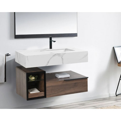 HMR Wall-Mounted Bathroom Vanity Faux Marble Top with 2 Shelves & 1 Drawer - 39"