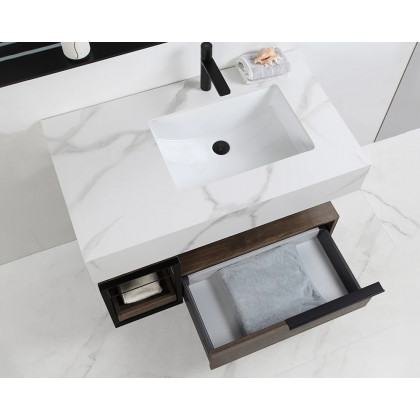 HMR Wall-Mounted Bathroom Vanity Faux Marble Top with 2 Shelves & 1 Drawer - 39"