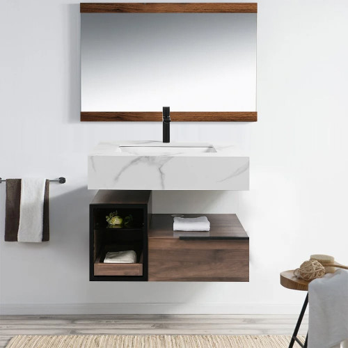 HMR Wall-Mounted Bathroom Vanity Faux Marble Top with 2 Shelves & 1 Drawer - 32"