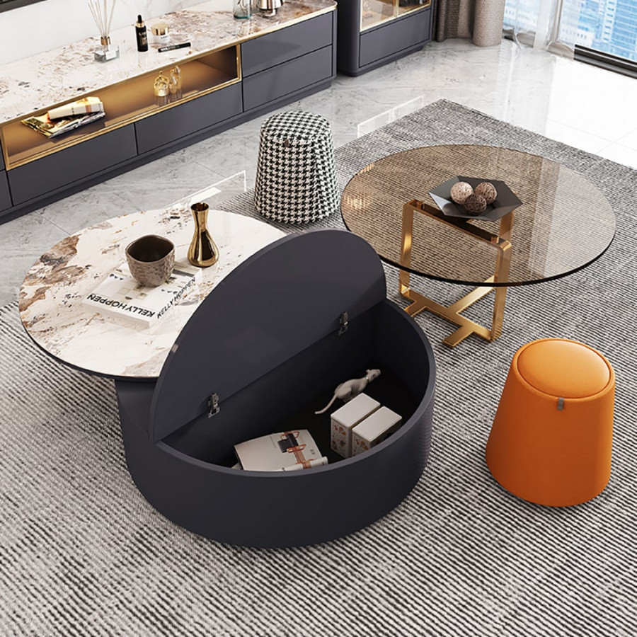 HMR - 4-Piece Round Swivel Coffee Table Set with 2 Ottomans