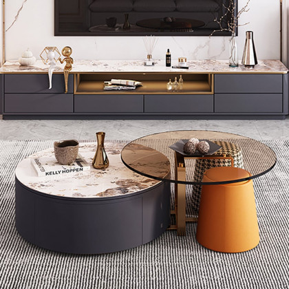 HMR - 4-Piece Round Swivel Coffee Table Set with 2 Ottomans