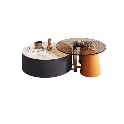HMR - 4-Piece Round Swivel Coffee Table Set with 2 Ottomans