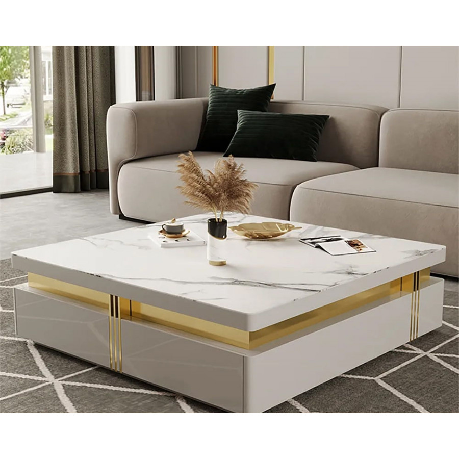 HMR - Trimied Modern Square Storage Coffee Table Stone Top with 4 Wood Drawers