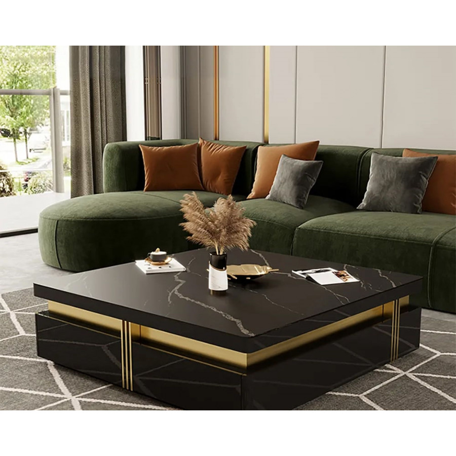 HMR Trimied Modern Square Storage Coffee Table Stone Top with 4 Wood Drawers - Black, 43"