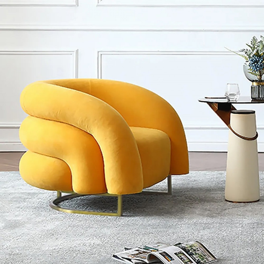 HMR - Creative & Modern Yellow Solid Wood & Velvet Accent Chair with Metal Base