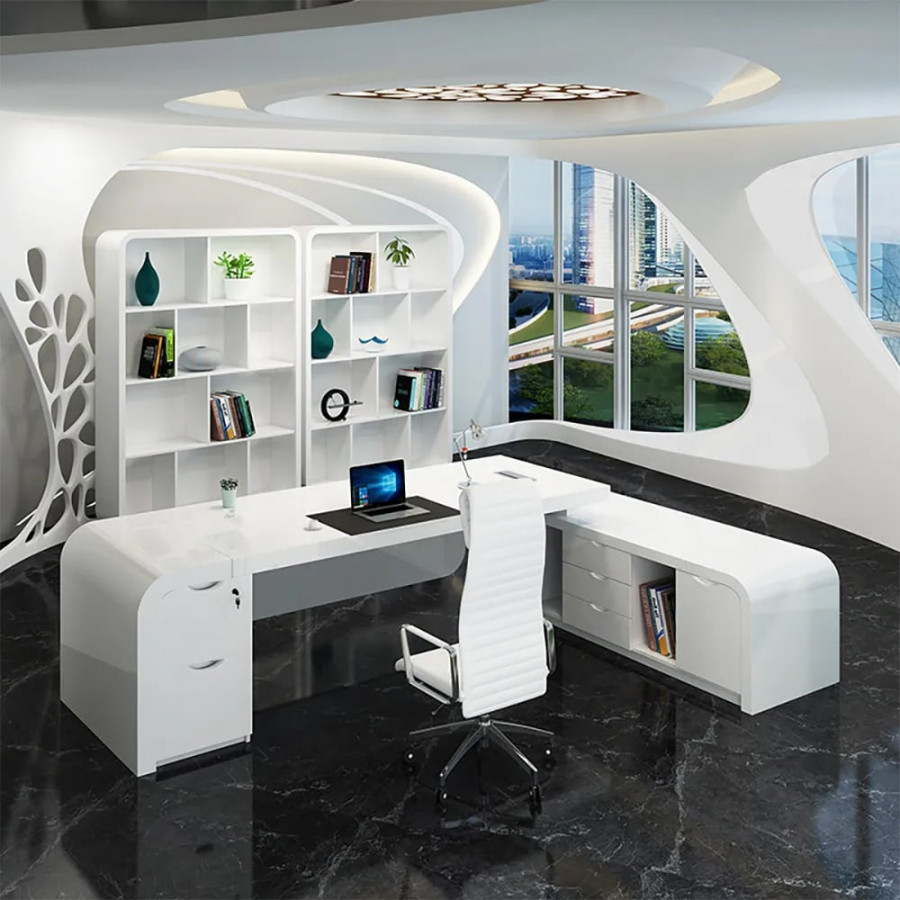HMR Chicent L-shaped Modern Executive Desk with Ample Storage - White, 55.1"L x 63.0"W x 29.9"H, Right Hand