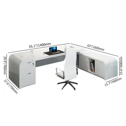 HMR Chicent L-shaped Modern Executive Desk with Ample Storage - White, 55.1"L x 63.0"W x 29.9"H, Right Hand