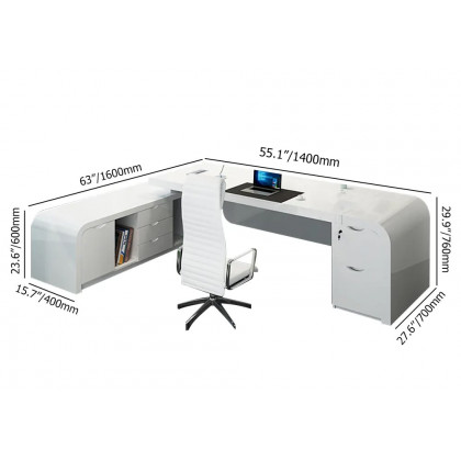 HMR Chicent L-shaped Modern Executive Desk with Ample Storage - White, 55.1"L x 63.0"W x 29.9"H, Left Hand