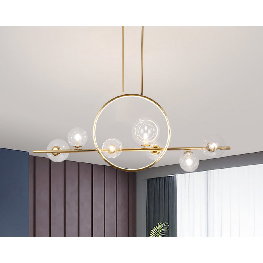 HMR Bubi Modern Linear Kitchen Island Light for Dining Room with Glass Globe Shade - Gold, 7-Light