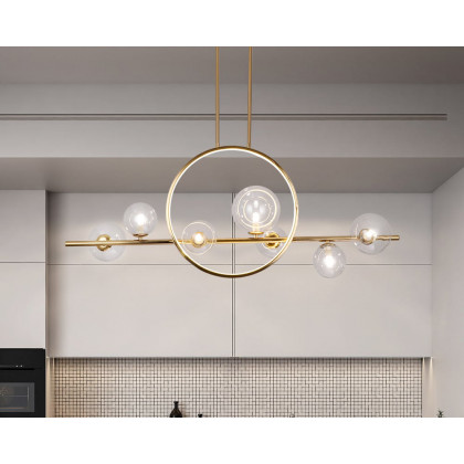 HMR Bubi Modern Linear Kitchen Island Light for Dining Room with Glass Globe Shade - Gold, 7-Light