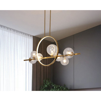 HMR Bubi Modern Linear Kitchen Island Light for Dining Room with Glass Globe Shade - Gold, 7-Light