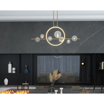 HMR Bubi Modern Linear Kitchen Island Light for Dining Room with Glass Globe Shade - Gold, 7-Light