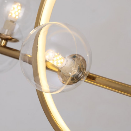 HMR Bubi Modern Linear Kitchen Island Light for Dining Room with Glass Globe Shade - Gold, 7-Light