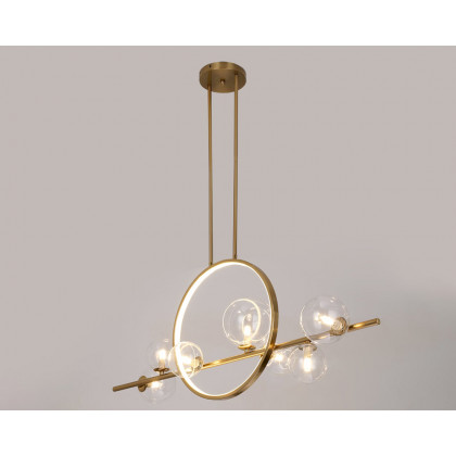 HMR Bubi Modern Linear Kitchen Island Light for Dining Room with Glass Globe Shade - Gold, 7-Light