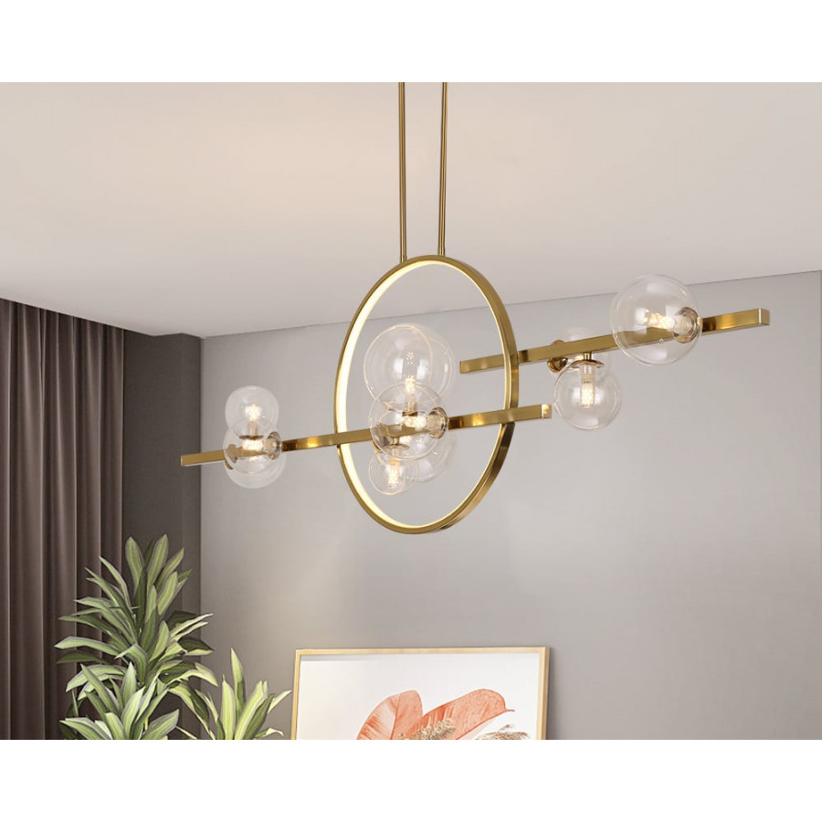 HMR Bubi Modern Linear Kitchen Island Light for Dining Room with Glass Globe Shade - Gold, 10-Light