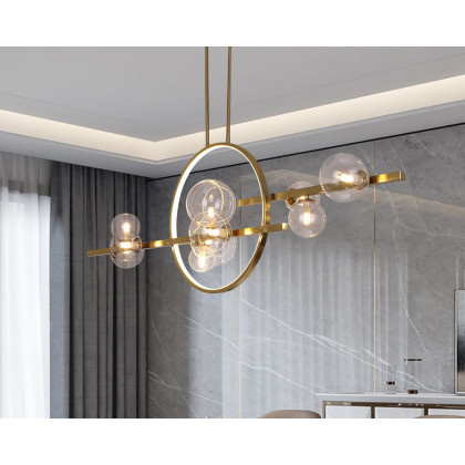 HMR Bubi Modern Linear Kitchen Island Light for Dining Room with Glass Globe Shade - Gold, 10-Light