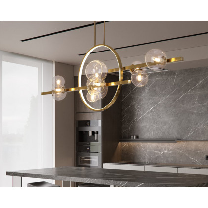 HMR Bubi Modern Linear Kitchen Island Light for Dining Room with Glass Globe Shade - Gold, 10-Light