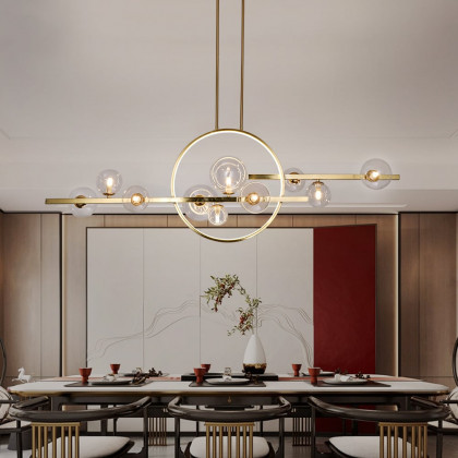HMR Bubi Modern Linear Kitchen Island Light for Dining Room with Glass Globe Shade - Gold, 10-Light