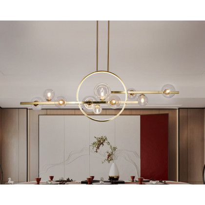 HMR Bubi Modern Linear Kitchen Island Light for Dining Room with Glass Globe Shade - Gold, 10-Light