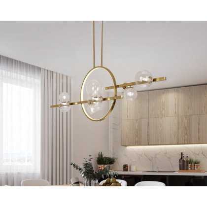 HMR Bubi Modern Linear Kitchen Island Light for Dining Room with Glass Globe Shade - Gold, 10-Light