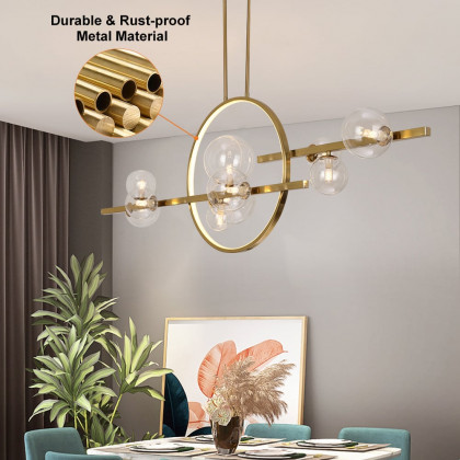 HMR Bubi Modern Linear Kitchen Island Light for Dining Room with Glass Globe Shade - Gold, 10-Light