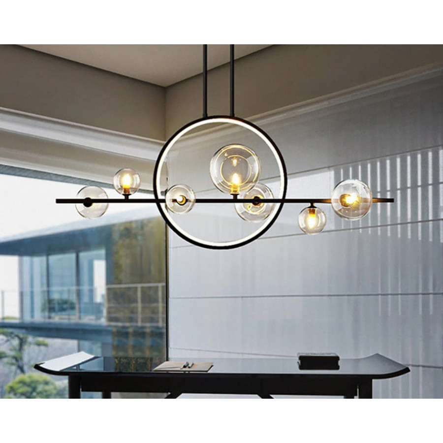 HMR Bubi Modern Linear Kitchen Island Light for Dining Room with Glass Globe Shade - Black, 7-Light