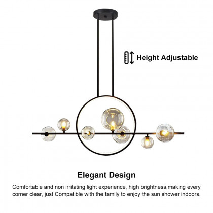 HMR Bubi Modern Linear Kitchen Island Light for Dining Room with Glass Globe Shade - Black, 7-Light