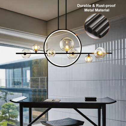 HMR Bubi Modern Linear Kitchen Island Light for Dining Room with Glass Globe Shade - Black, 7-Light