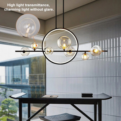 HMR Bubi Modern Linear Kitchen Island Light for Dining Room with Glass Globe Shade - Black, 7-Light