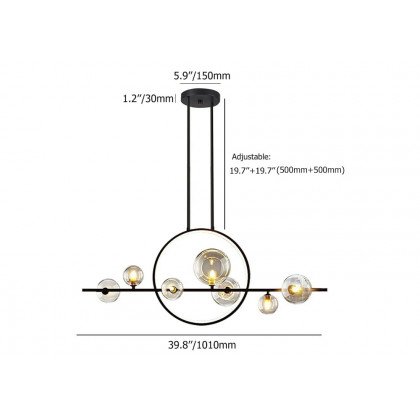 HMR Bubi Modern Linear Kitchen Island Light for Dining Room with Glass Globe Shade - Black, 7-Light