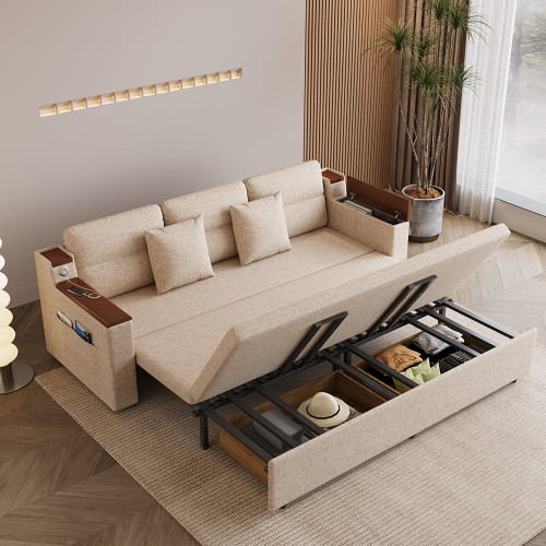 HMR 83" King 3-Seater Sleeper Sofa with Trundle & USB Port - Beige, Linen