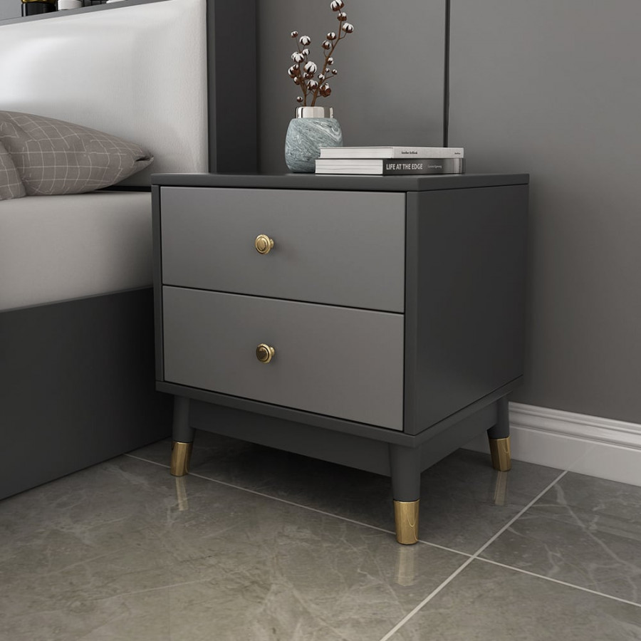 HMR - Ultic Modern Nightstand with 2 Drawers in Gray with Metal Legs