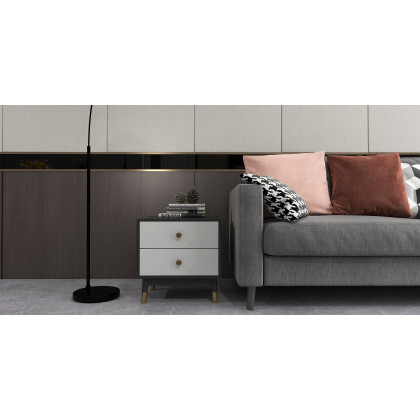 HMR - Ultic Modern Nightstand with 2 Drawers in Gray with Metal Legs