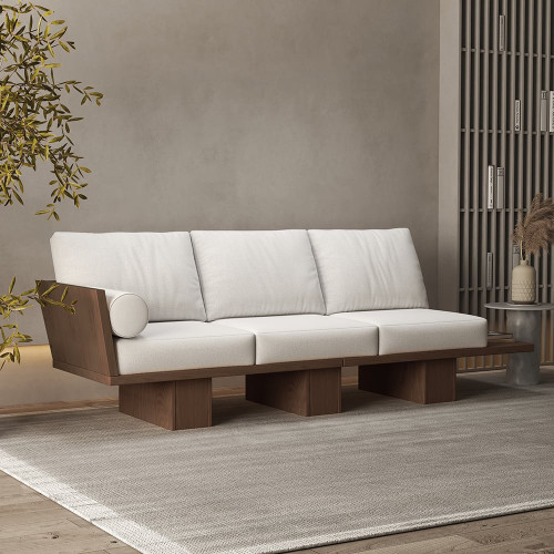 HMR - 97" Walnut Japandi Solid Wood Living Room Sofa 3-Seater Cotton & Linen Upholstery