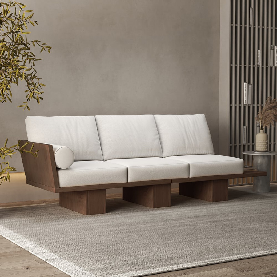HMR - 97" Walnut Japandi Solid Wood Living Room Sofa 3-Seater Cotton & Linen Upholstery
