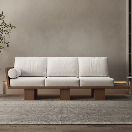 HMR - 97" Walnut Japandi Solid Wood Living Room Sofa 3-Seater Cotton & Linen Upholstery