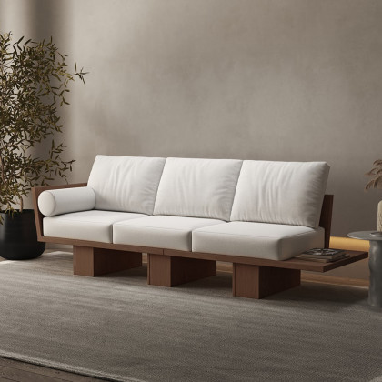 HMR - 97" Walnut Japandi Solid Wood Living Room Sofa 3-Seater Cotton & Linen Upholstery